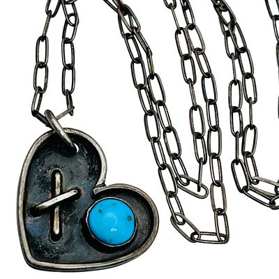 Southwest Signed Sterling Turquoise Heart And Linked Chain Necklace 9.28 G. Southwest signed 