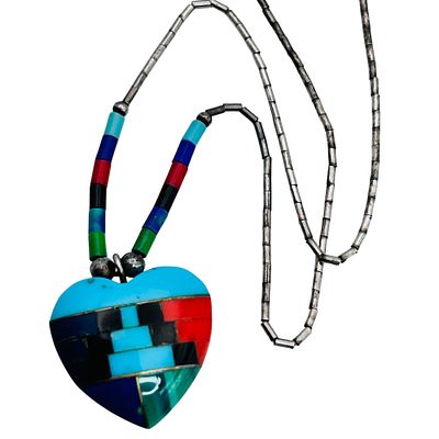 Zuni Sterling Multi Stone Heart Bar Bead Necklace 4.63 G. Zuni Sterling multi stone heart bar 