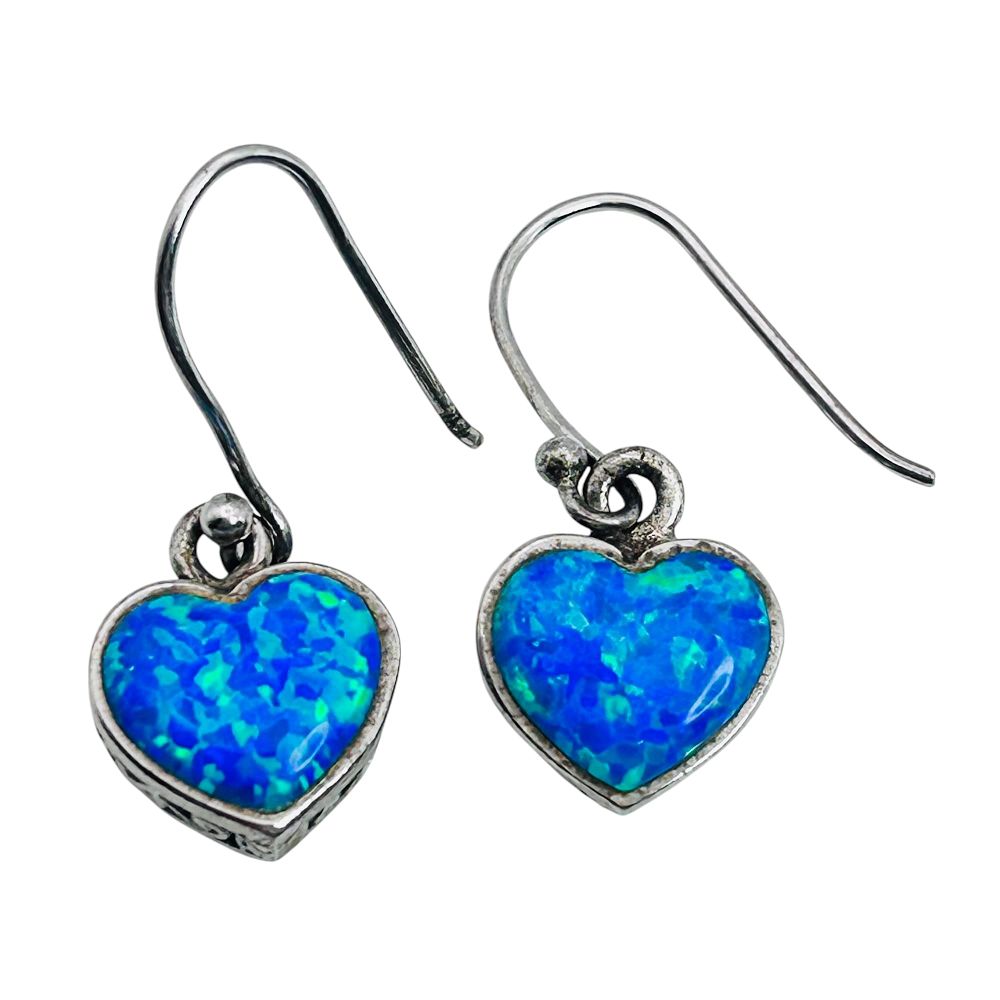 Lot 239: Opal Sterling HAN Filigree Heart Dangle Earrings 3.96 G