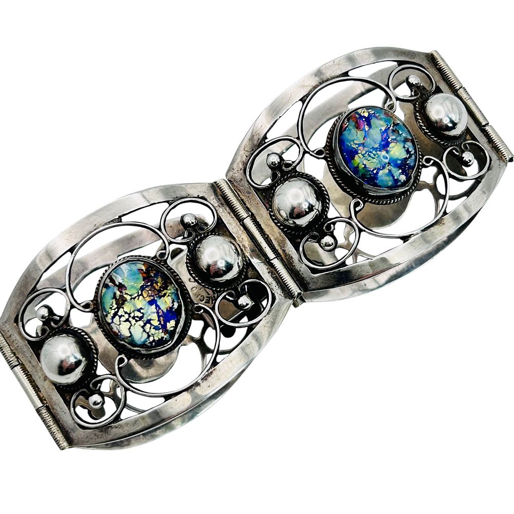 Lot 251: Damasa Gallegos Mexico Vintage Sterling Art Glass Wide Bracelet 34.49 G