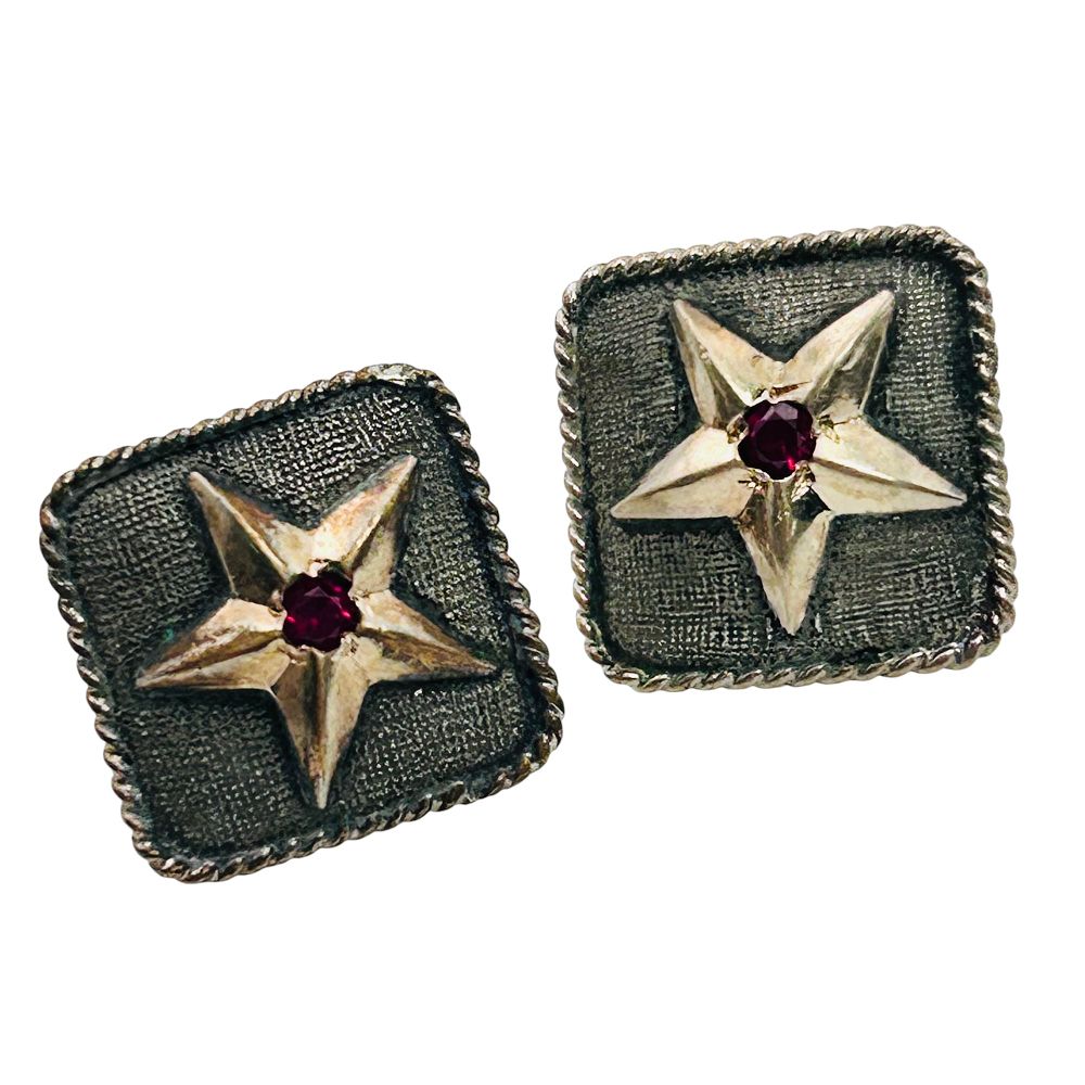 Lot 254: VOGT 14k GF Sterling Mexico, Red Gem Square Stud Earrings 3.9 G
