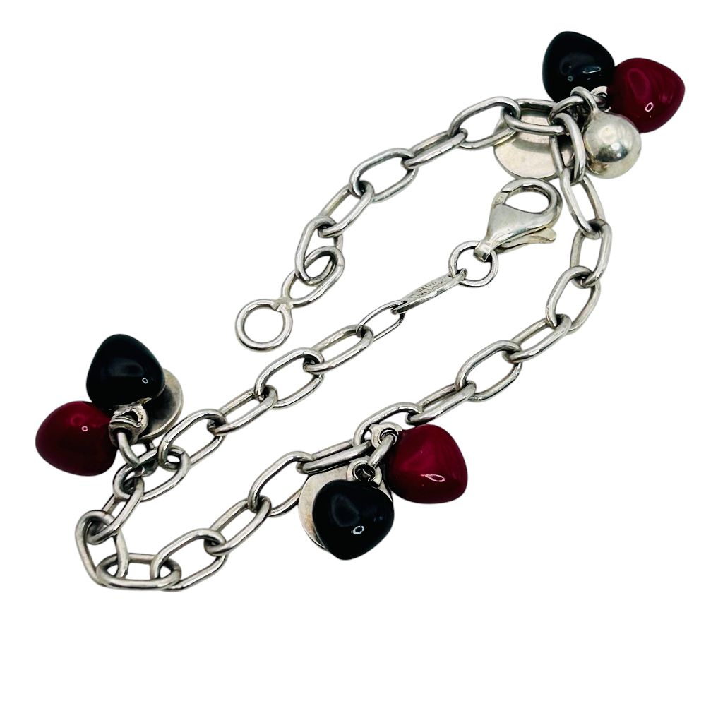 Lot 325: PERLINIs Italy, Sterling Cable Chain In Red And Black Bead Heart Charm Bracelet 8.95 G