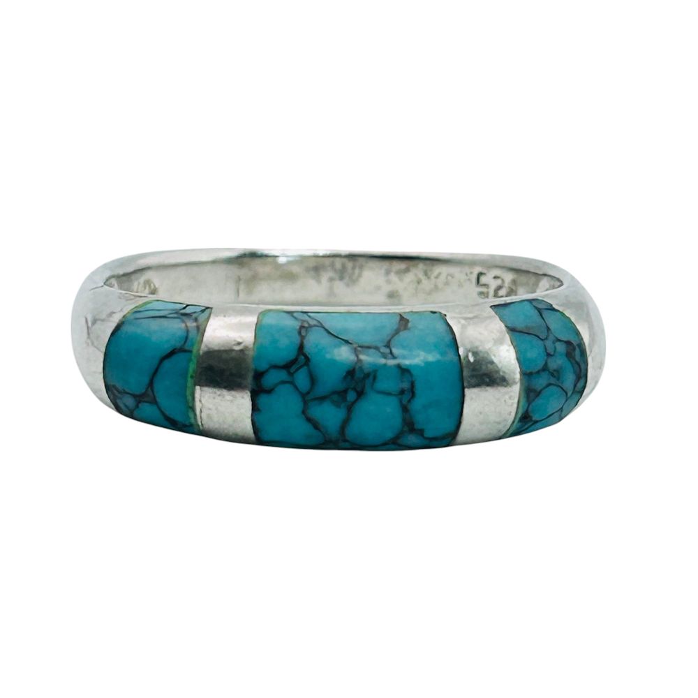 Lot 329: CW Sterling Carved Inlaid Turquoise Ring Size 8, 3.08 G