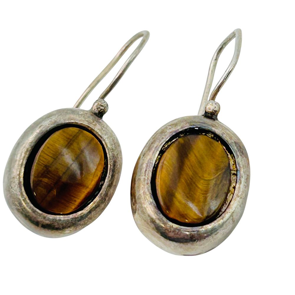 Lot 337: SALAT Tigers Eye Sterling Oval Hook Back Earring 6.2 G