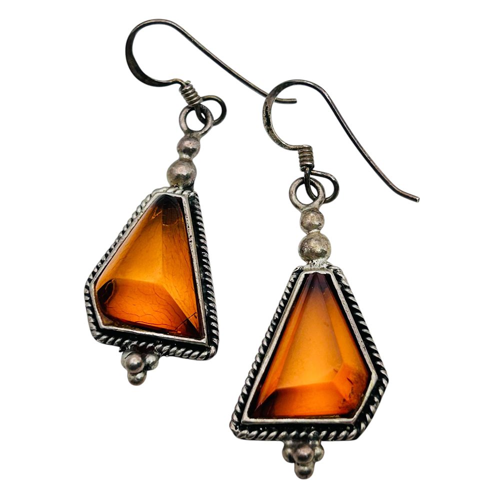 Lot 493: Amber Sterling Geometric Dangle Earrings 6.37g