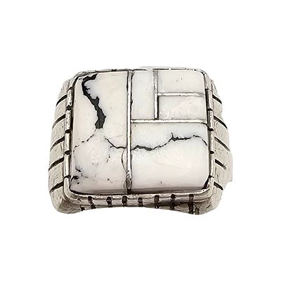 R White Buffalo Turquoise Sterling Silver Inlay Ring Size 7.75 10.6 G signed R in a box