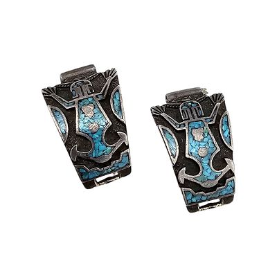 Signed Crushed Turquoise Sterling Silver Frog Watch Nibs 11.8 G. Signed with A Wolf Head Crushed