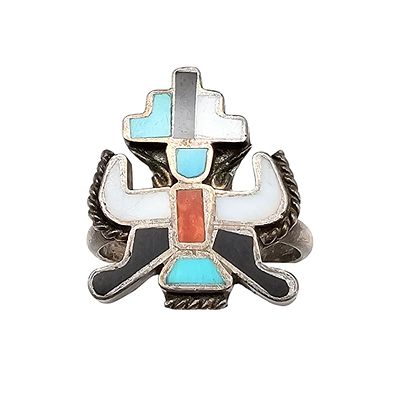Zuni Mother Of Pearl Turquoise Coral Onyx Sterling Silver Kachina Dancer Ring Size 7.25 3.7 G