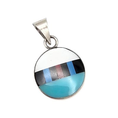Navajo Turquoise Mother Of Pearl Coral Onyx Sterling Silver Pendant 3.5 G. Navajo Turquoise