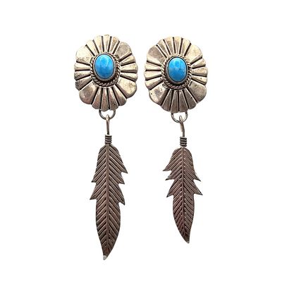 Navajo Turquoise Sterling Silver Feather Dangle Earrings 7.6 G