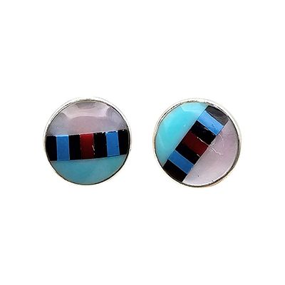 Navajo Turquoise Multi Stone Sterling Silver Inlay Earrings 2.7 G. Navajo Turquoise Coral Onyx