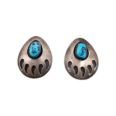 Navajo Turquoise Sterling Silver Shadow Box Bear Paw Earrings 7.3 G