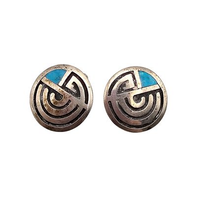 40's-50's Navajo Turquoise Sterling Silver Overlay Earrings 9.2 G