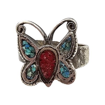 Navajo Crushed Turquoise Coral Sterling Silver Butterfly Ring Size 6 4.4 G as is band open on