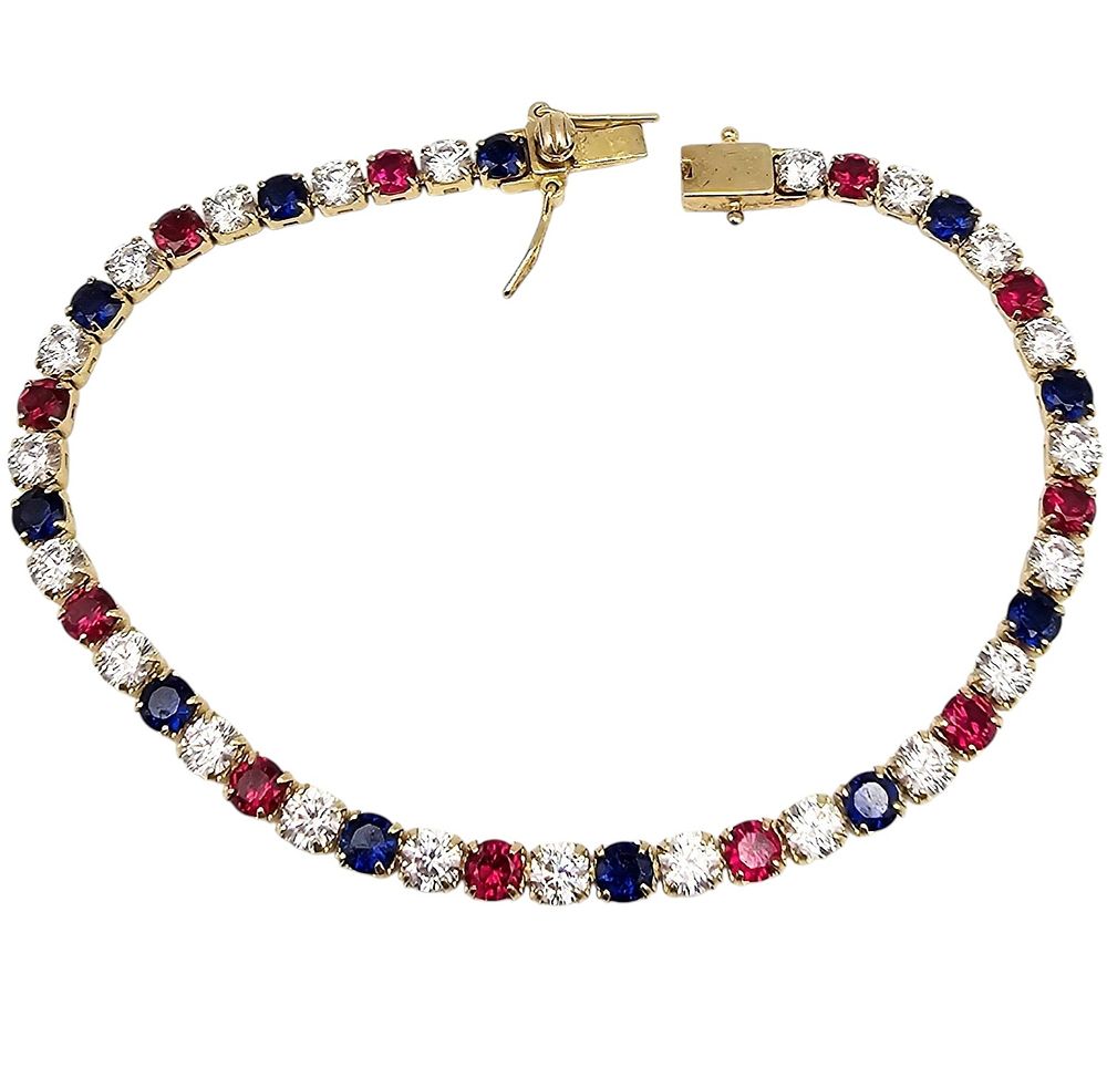 N Red White Blue Cubic Zirconia Gold Over Sterling Silver Tennis Bracelet 10.6 G