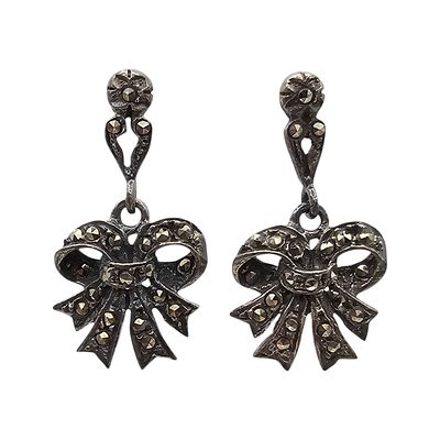 Marcasite Sterling Silver Bow Dangle Earrings 3.1 G. Marcasite Sterling Silver Bow Drop Dangle