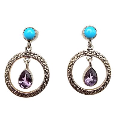 Amethyst Turquoise Sterling Silver Dangle Earrings 4.9 G. Amethyst Turquoise Sterling Silver