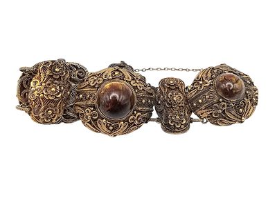 Vintage Chinese Import Gold Over Silver Filigree Tiger's Eye Dome Panel Bracelet 57.2 G