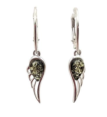 Green Amber Sterling Silver Wing Dangle Earrings 2.4 G. Green Amber Sterling Silver Wing Drop