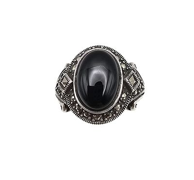 Onyx Marcasite Sterling Silver Cocktail Ring Size 9.25 8.3 G