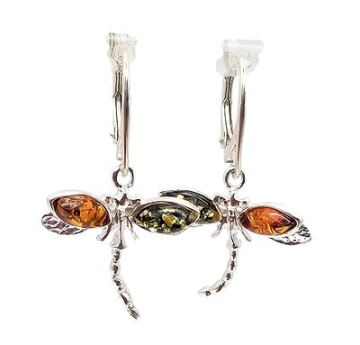 Amber Sterling Silver Dragonfly Dangle Earrings 4.4 G. Amber Sterling Silver Dragonfly Drop