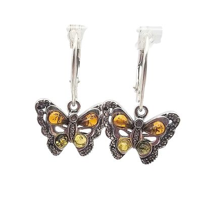 Amber Sterling Silver Butterfly Dangle Earrings 4.2 G. Amber Sterling Silver Butterfly Drop