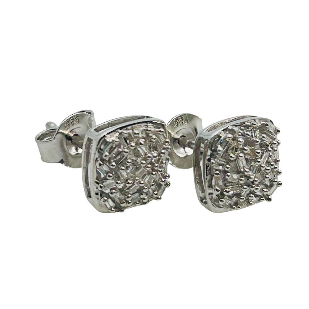 Lot 430: Diamond Sterling Square Stud Earrings 1.78 G