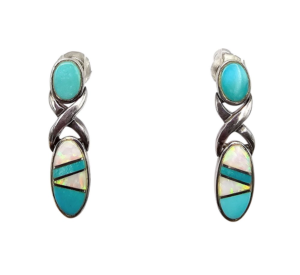 Lot 155: Native Turquoise Opal Sterling Silver Inlay Dangle Earrings 3.9 G