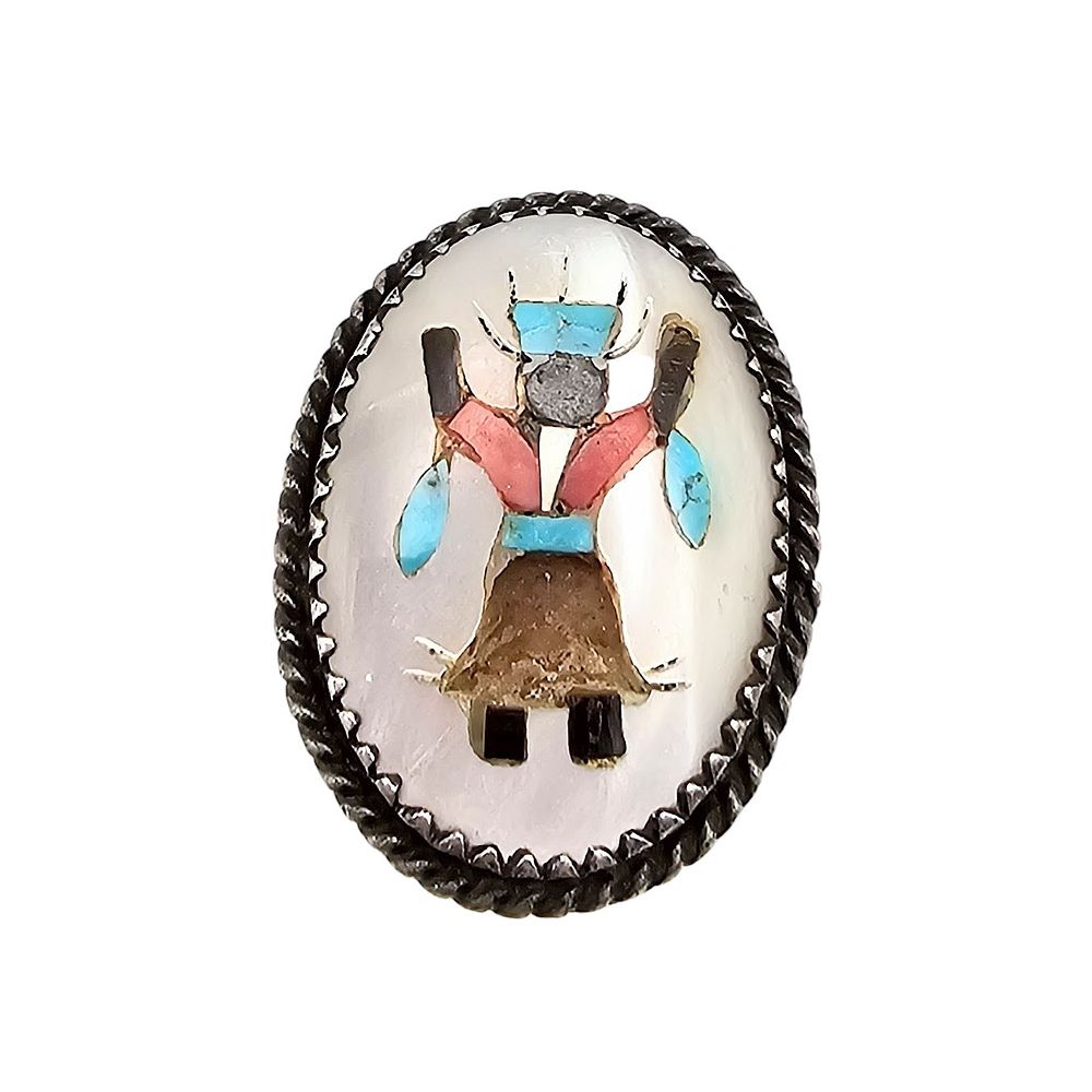 Lot 161: Navajo Mother Of Pearl Turquoise Coral Onyx Sterling Silver Kachina Dancer Ring Size 6.75 8.1 G