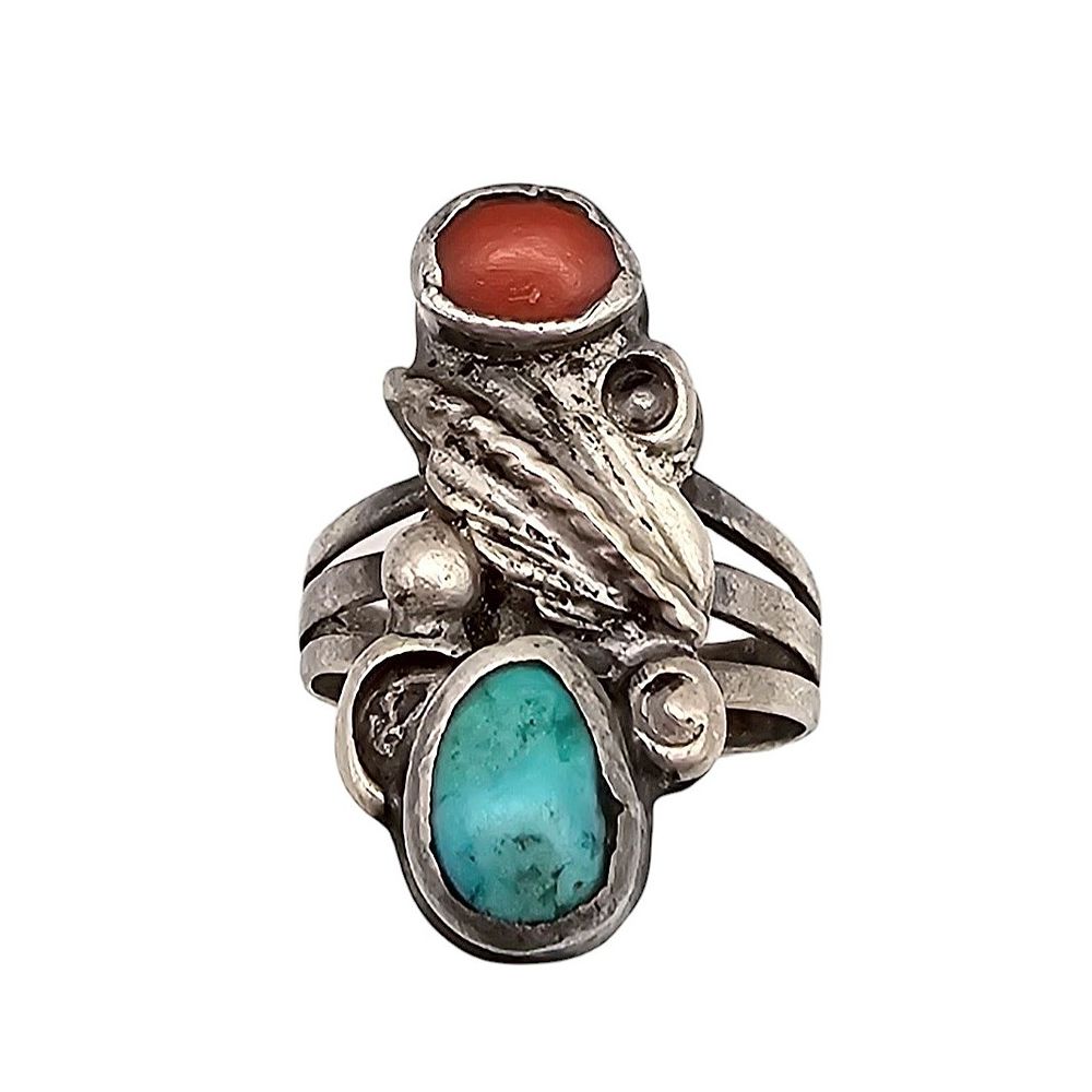 Lot 166: Navajo Turquoise Coral Sterling Silver Ring Size 5.25 4.8 G