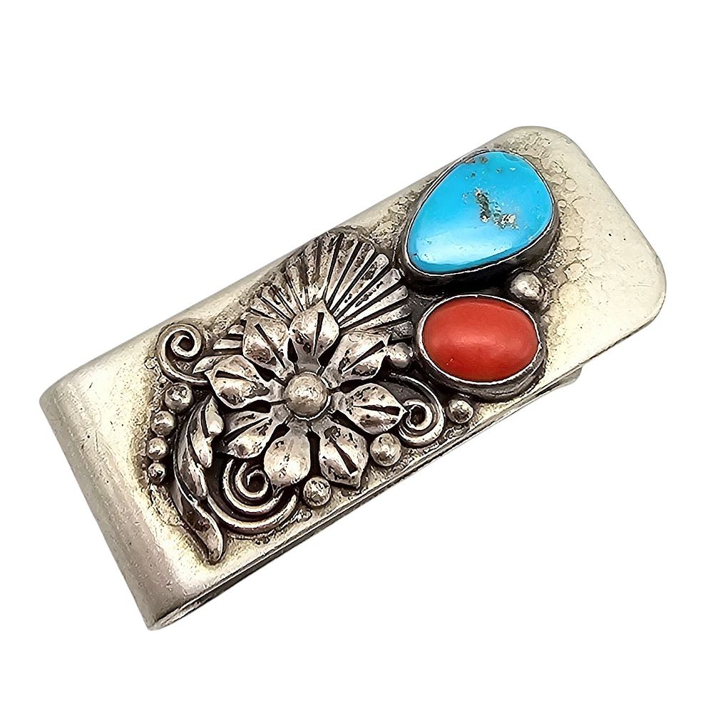 Lot 175: Navajo Coral Turquoise Sterling Silver Top Money Clip 19 G