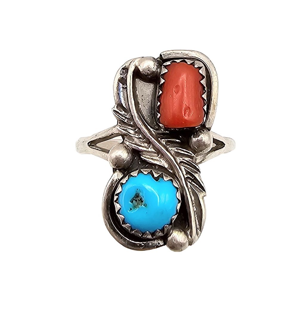 Lot 182: Signed RB Navajo Coral Turquoise Sterling Silver Ring Size 7.5 3.3 G