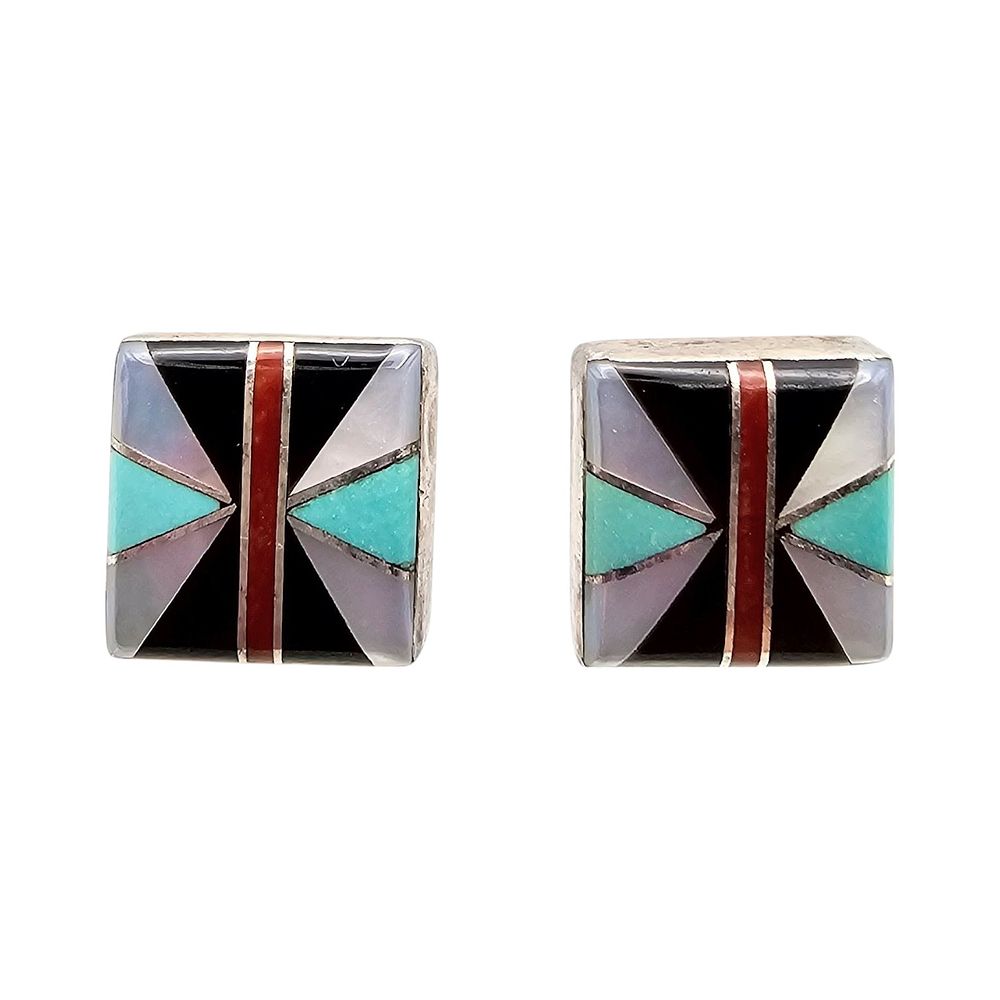 Lot 192: Picto Signed Native Mother Of Pearl Turquoise Coral Onyx Sterling Silver Inlay Earrings 2.8 G