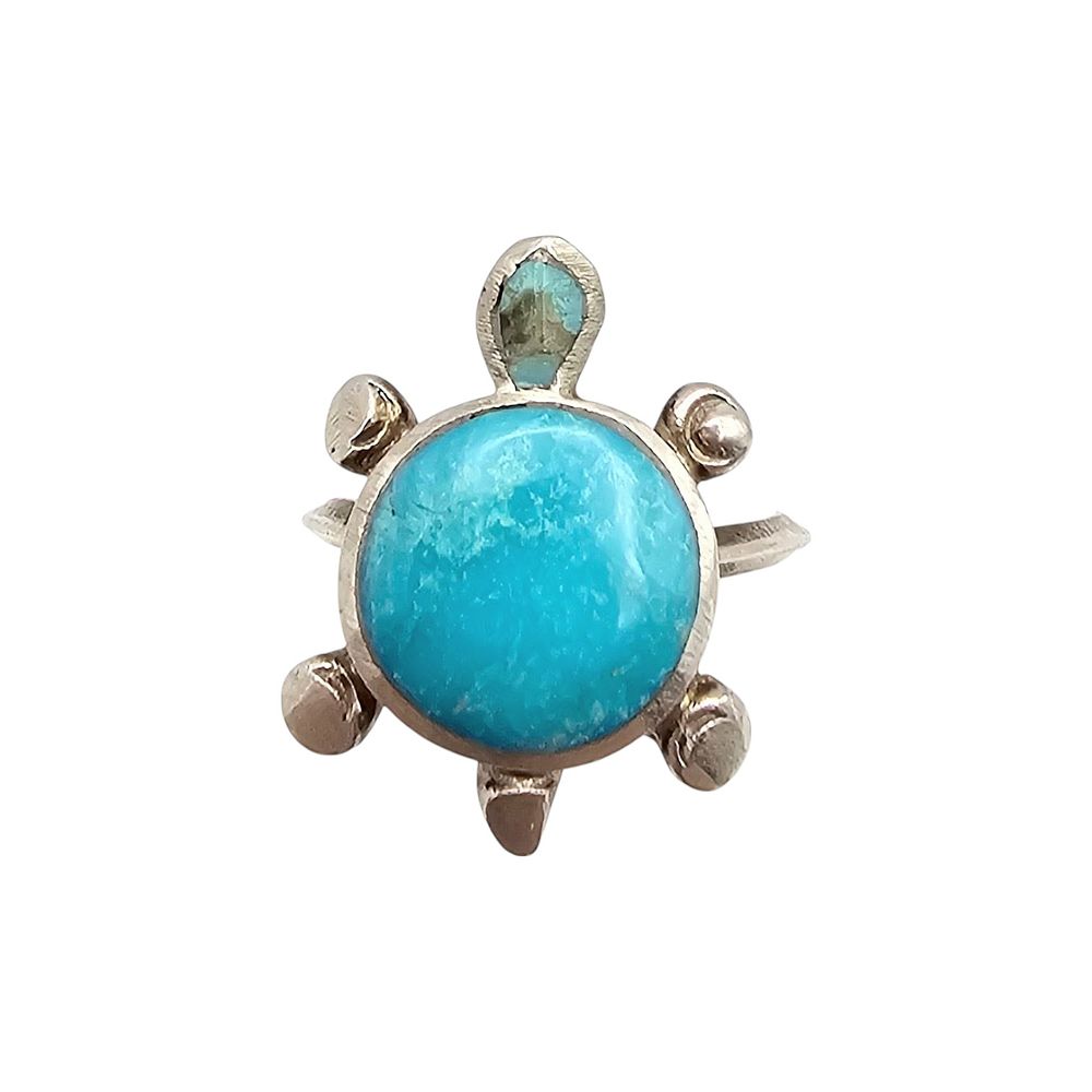Lot 193: Navajo Turquoise Sterling Silver Turtle Ring Size 7 4.5 G