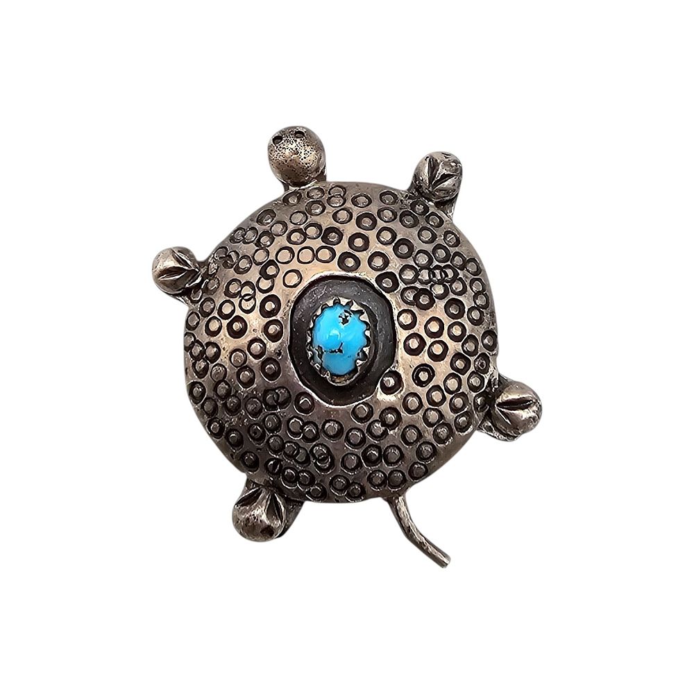 Lot 194: Navajo Turquoise Sterling Silver Stamped Turtle Pendant 8.9 G