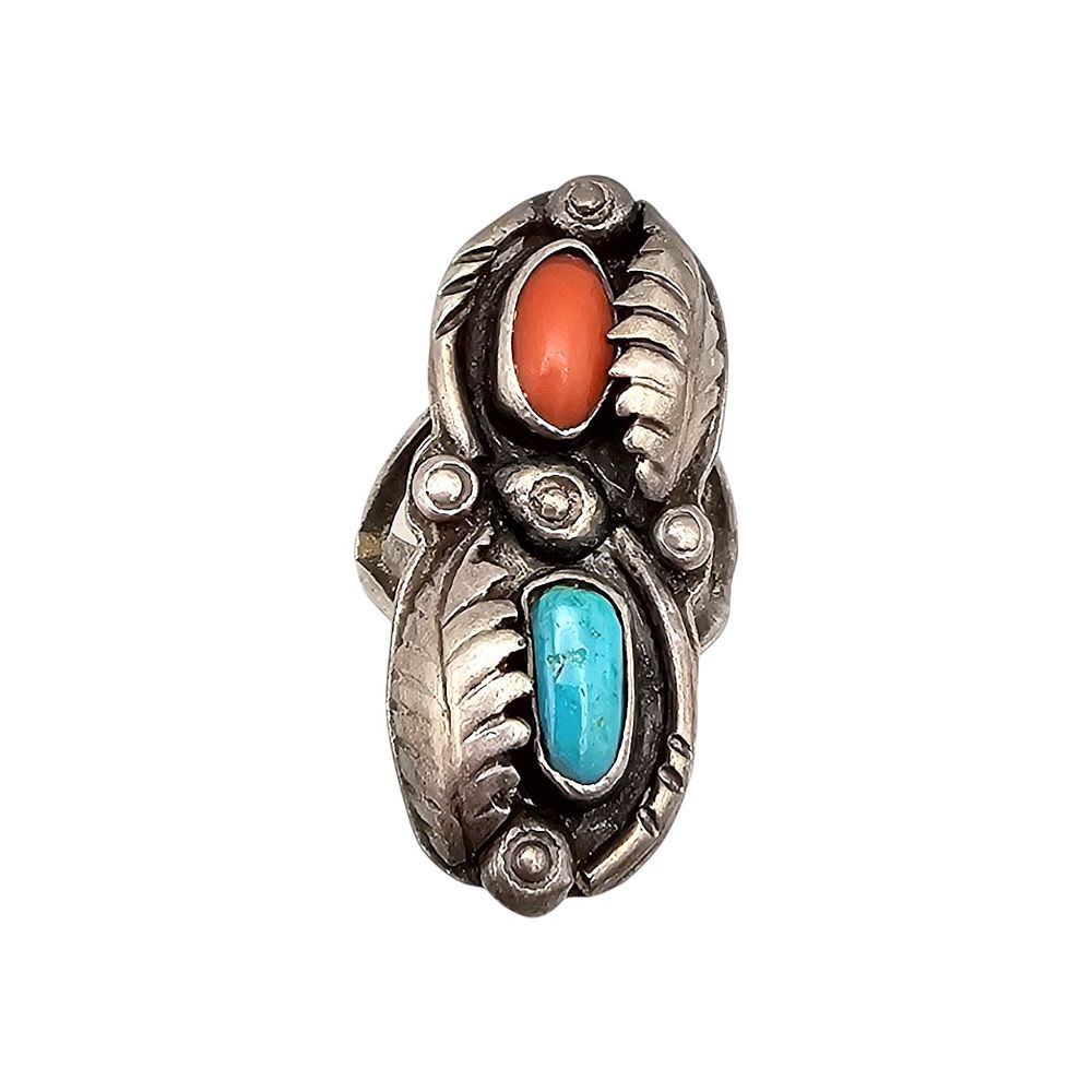 Lot 199: Navajo Turquoise Coral Sterling Silver Ring Size 5.25 8.5 G