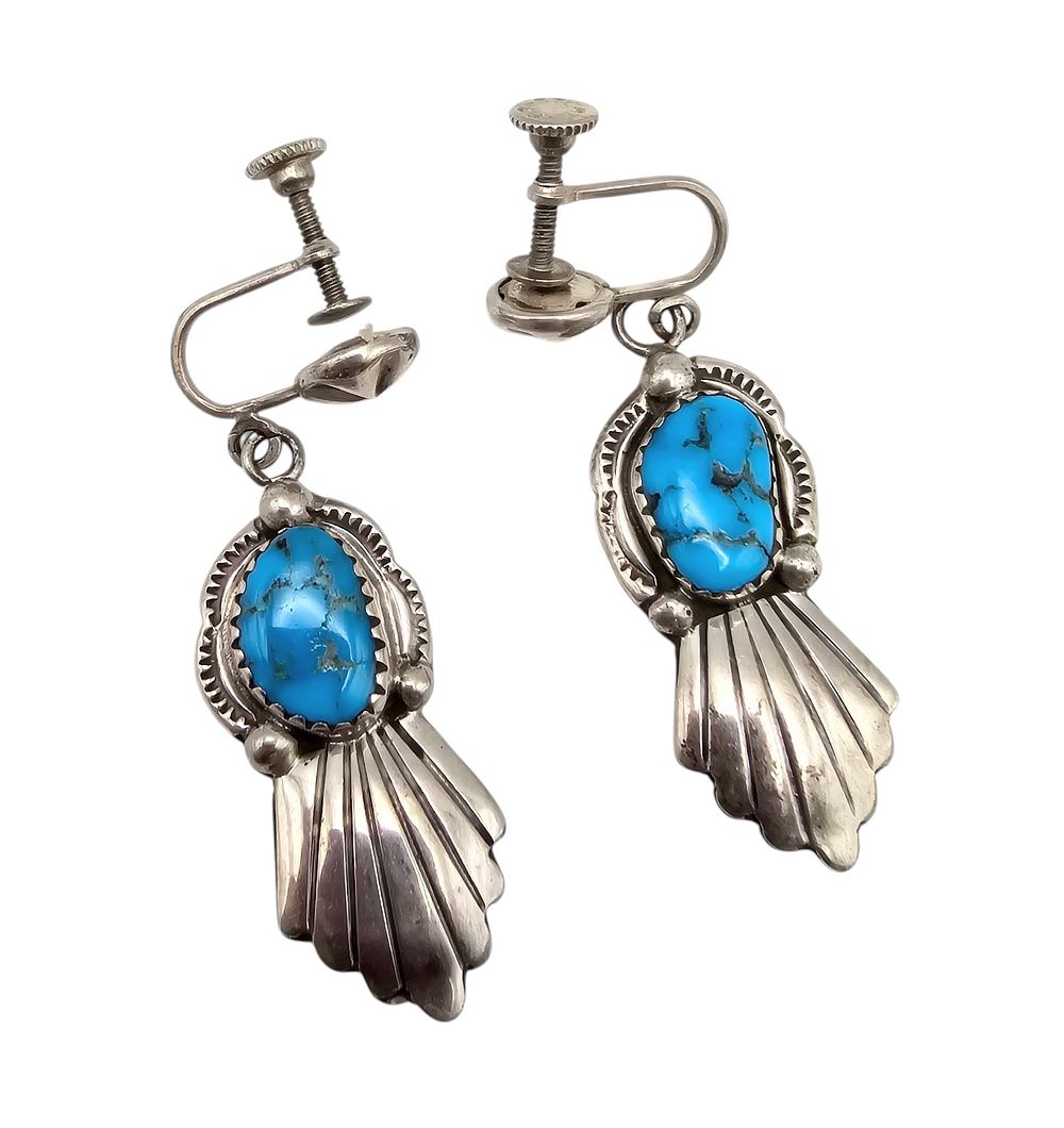 Lot 200: Signed LJ Native Turquoise Sterling Silver Earrings 7.7 G