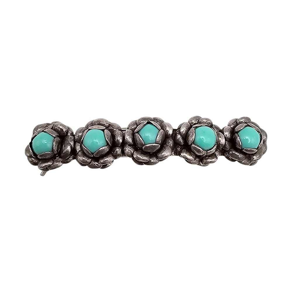 Lot 205: Native Turquoise Sterling Silver Floral Hair Barrette Clip 4.8 G