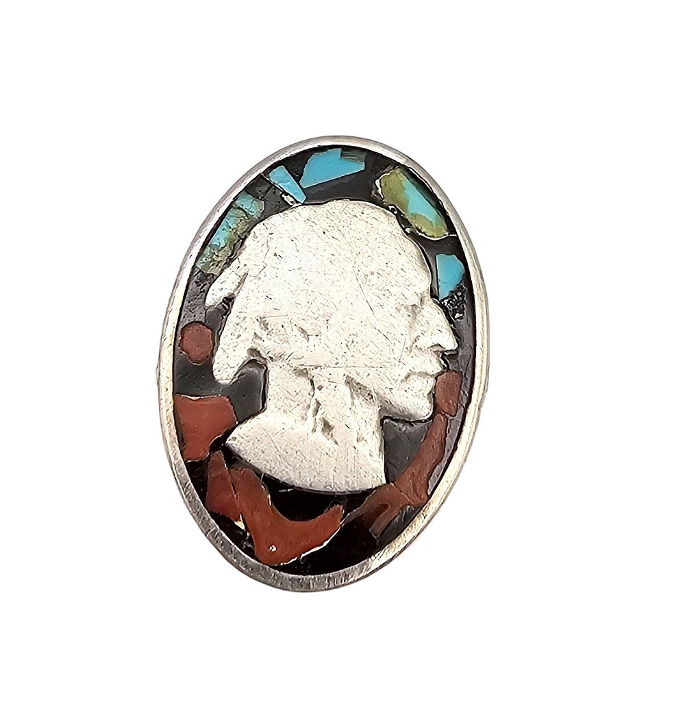 Lot 213: Native Buffalo Coin Coral Turquoise Sterling Silver Ring Size 10.25 8.8 G