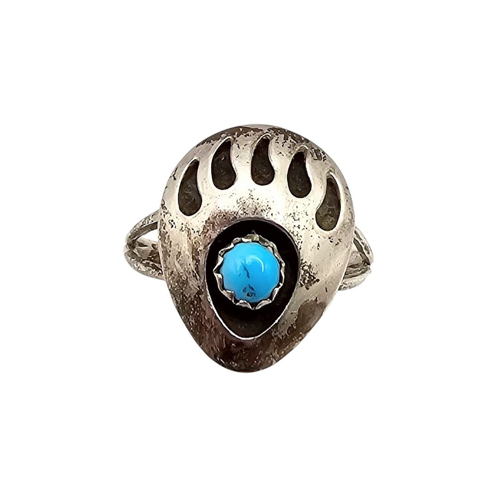 Lot 225: Navajo Turquoise Sterling Silver Bear Paw Ring Size 6 1.6 G