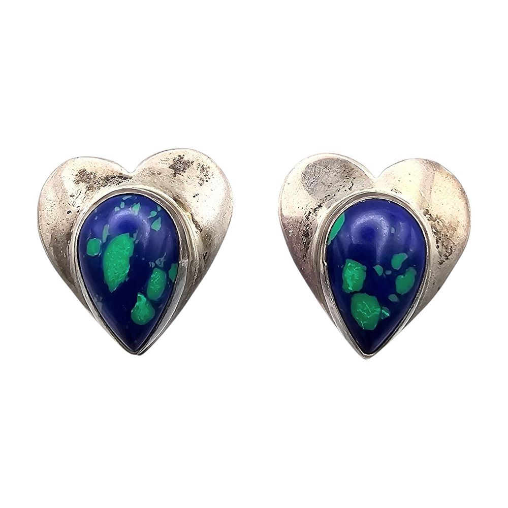 Lot 233: Signed SJ Native Azurite Sterling Silver Heart Earrings 5.5 G