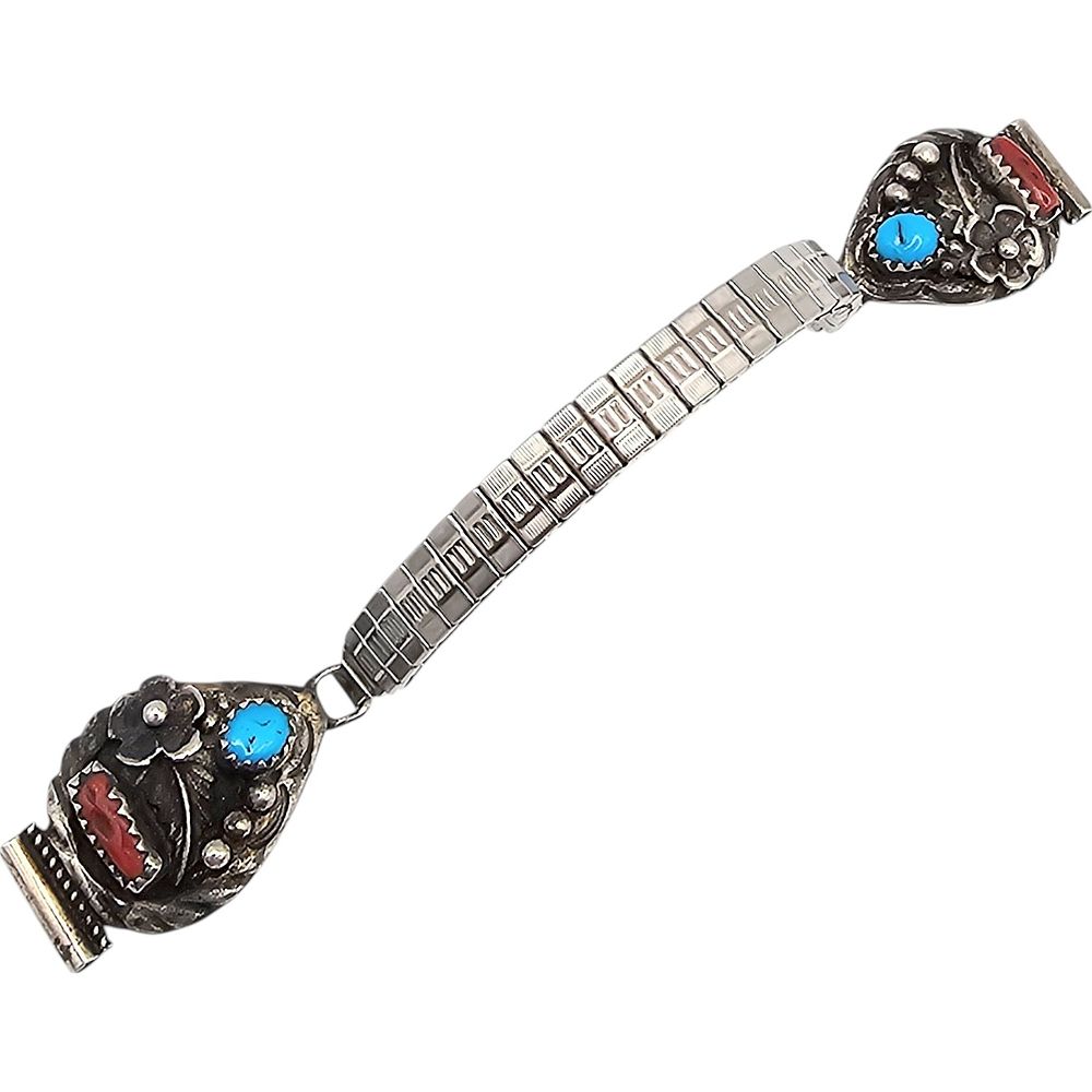 Lot 235: Rita Daves Navajo Turquoise Coral Sterling Silver Watch Band 16.5 G