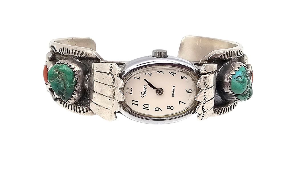 Lot 242: Navajo Turquoise Coral Sterling Silver Watch Cuff Bracelet 47.7 G