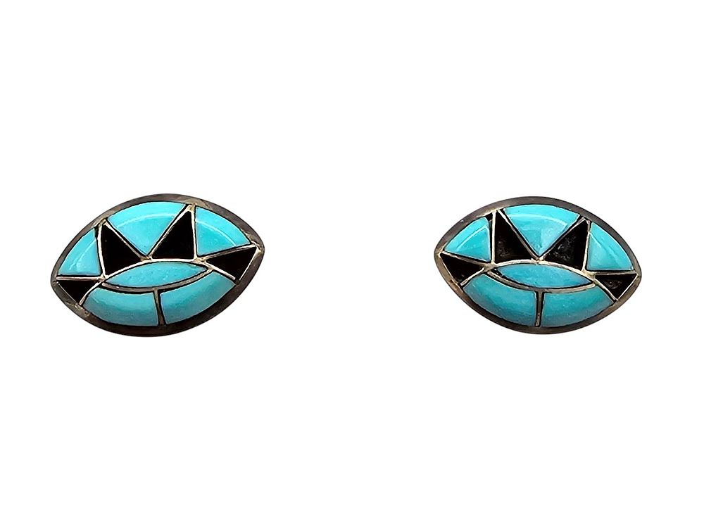 Lot 244: Navajo Turquoise Onyx Sterling Silver Inlay Earrings 1.9 G