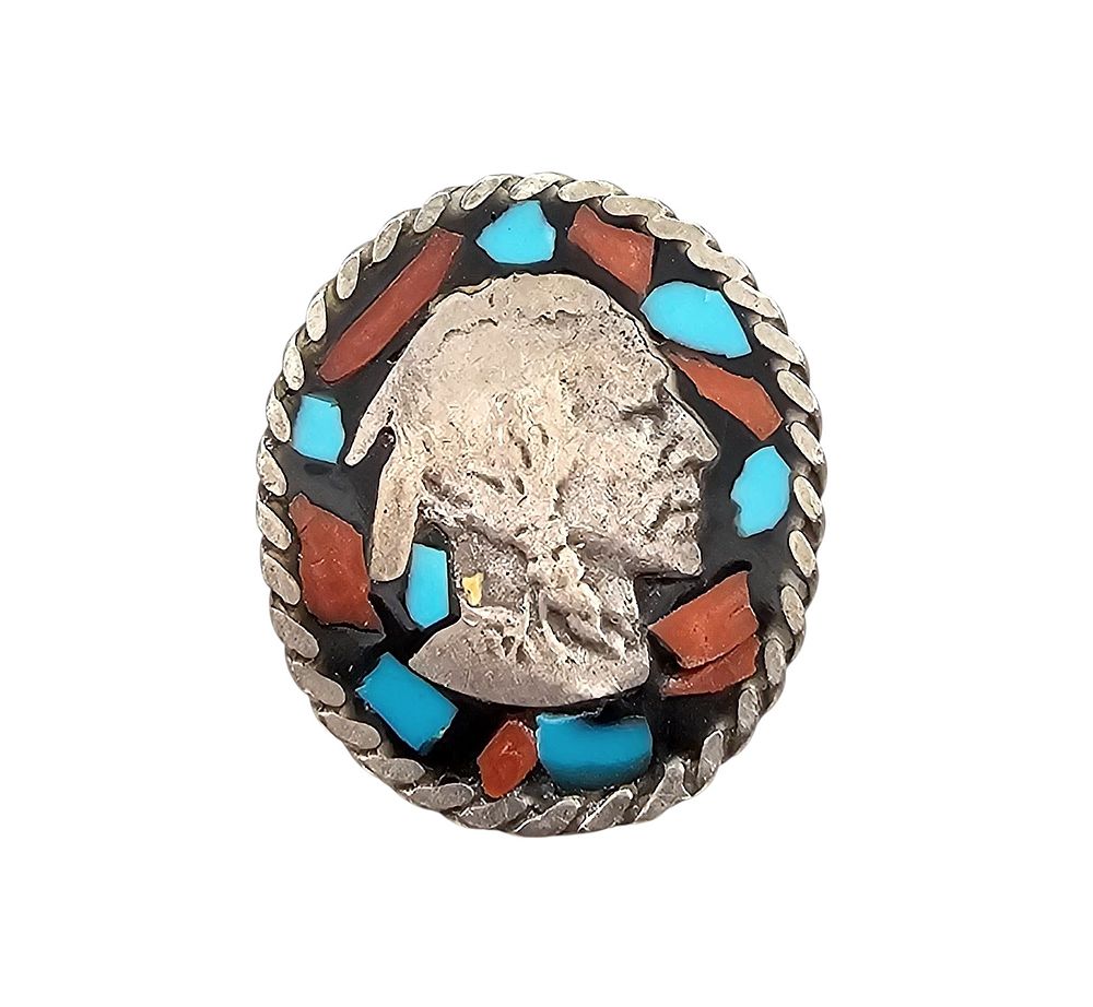 Lot 245: Native Buffalo Coin Turquoise Coral Sterling Silver Ring Size 6.5 13.1 G