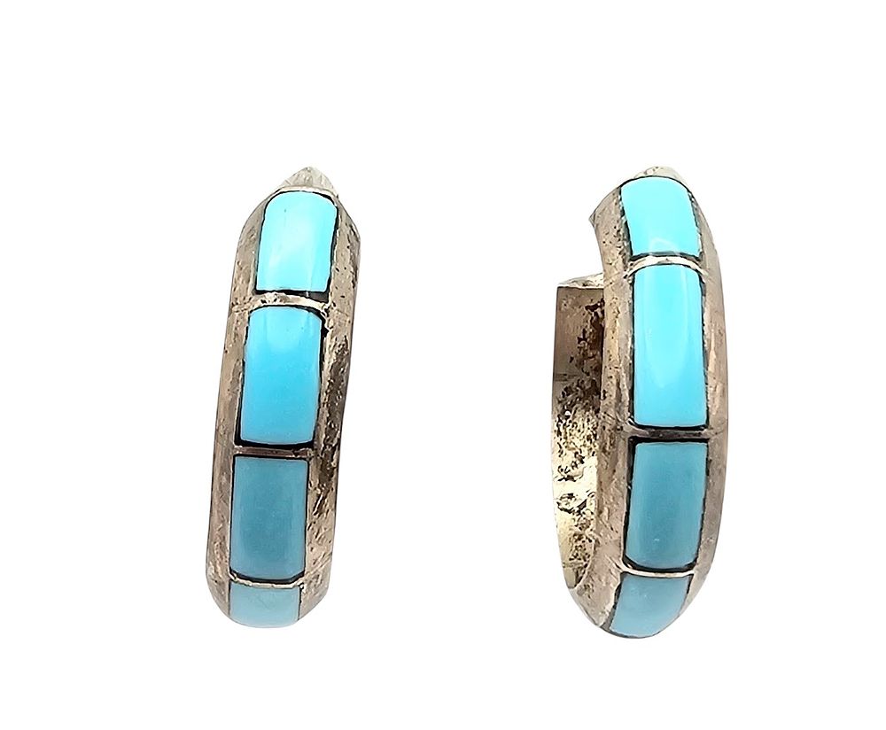 Lot 247: Navajo Turquoise Sterling Silver Hoop Earrings 3.9 G
