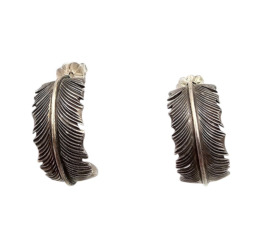 Lot 248: S Stewart Native Sterling Silver Feather Hoop Earrings 4.4 G