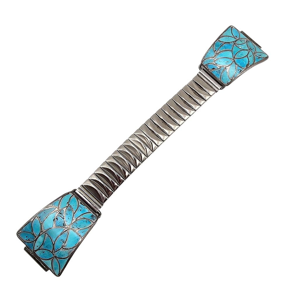 Lot 280: Navajo Turquoise Sterling Silver Inlay Watch Band 34.7 G