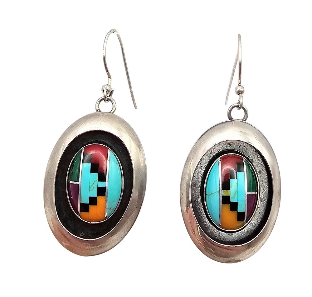 Lot 324: Southwestern Multi Stone Sterling Silver Dangle Earrings 6.9 G