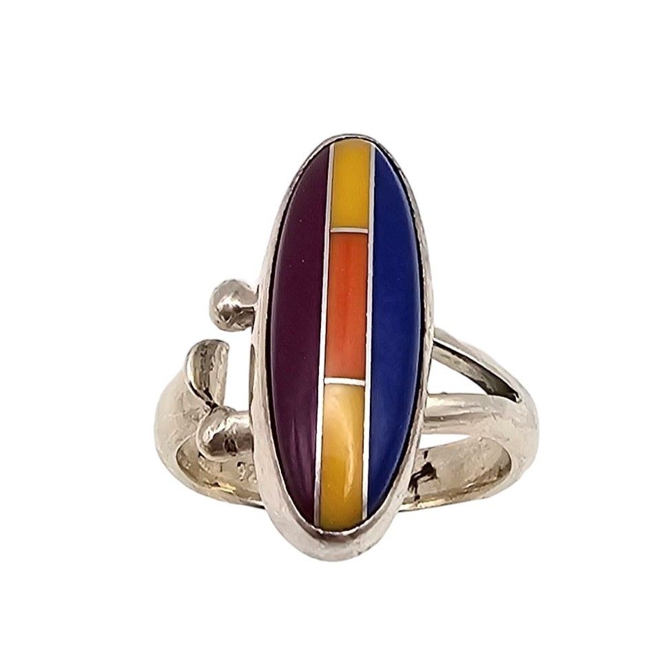 Lot 349: Signed Southwestern Style Multi Stone Ring Size 8.25 7.3 G